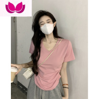 七斓纯欲风短袖t恤女夏季不规则显瘦高级感辣妹正肩短款粉色小众上衣