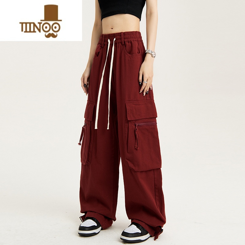 YANXU美式复古红色工装裤男女高街hiphop街舞裤直筒宽松阔腿休闲长裤子