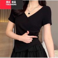 YIBUSHENG不规则交叉V领正肩短袖T恤女2024季大码胖mm遮肚子显瘦收腰上衣