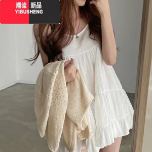 YIBUSHENG韩国chic季复古法式小众气质减龄吊带裙雪纺连衣裙女宽松娃娃裙 白色 均码