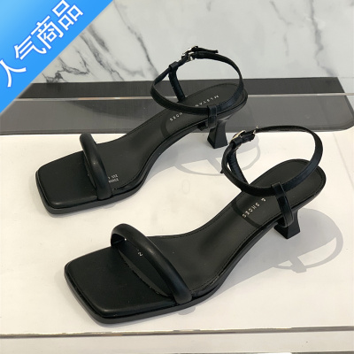 SUNTEK细跟中跟网红凉鞋女仙女风2023新款夏法式温柔百搭一字扣带高跟鞋