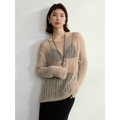 清凉亚麻镂空针织衫女防晒罩衫2025新款设计感网洞长袖宽松上衣女