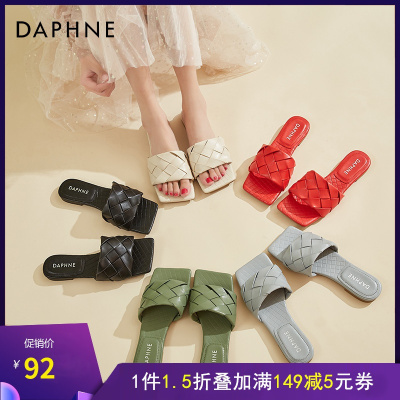 达芙妮方头编织拖鞋女夏网红超火凉拖鞋2021年新款外穿平底一字拖
