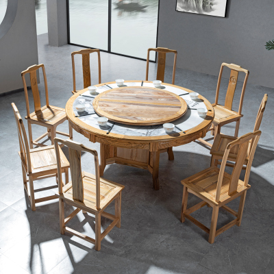 大理石圆形餐桌椅组合中式实木圆桌带转盘餐厅现代简约家用吃饭桌