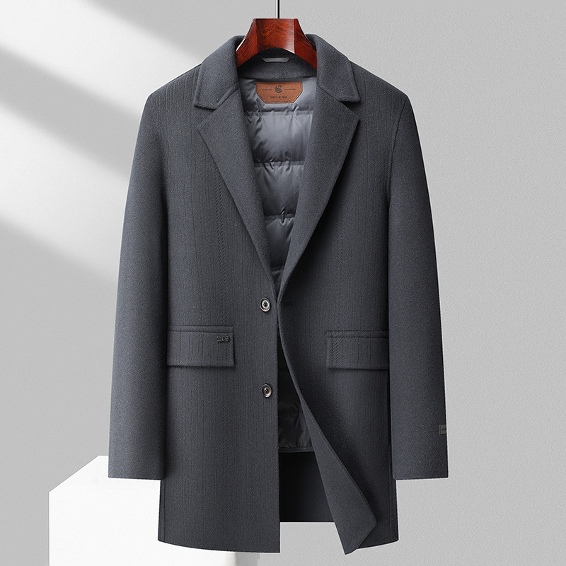 手工缝制秋冬烧花工艺100%羊毛双面尼大衣男士脱卸鹅绒内胆呢大衣