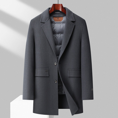 手工缝制秋冬烧花工艺100%羊毛双面尼大衣男士脱卸鹅绒内胆呢大衣_838