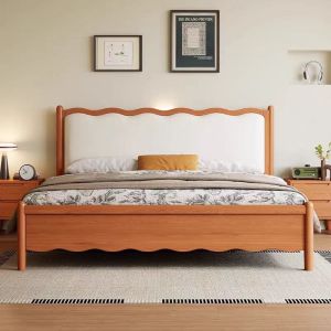 北欧实木复古双人床1.8m波浪床1.5m中古风床现代简约软包婚床卧室