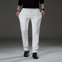 春秋新款常规男式弹力米白色休闲裤男青年商务宽松直筒运动男裤子