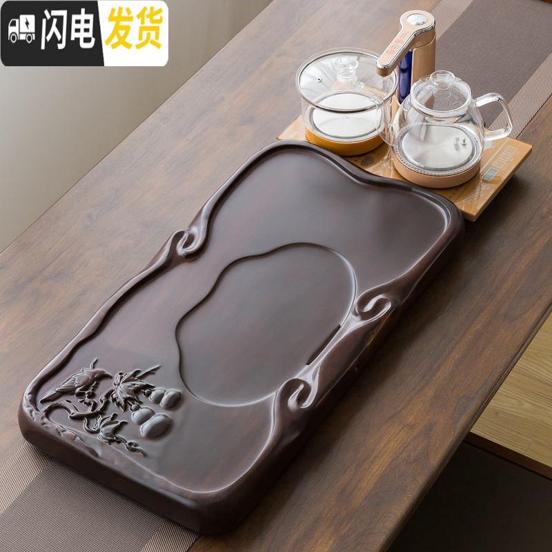 三维工匠黑檀木茶盘家用中式客厅简约实木小茶台大号整块原木茶海托盘茶具 福禄喜72*35+玻璃电炉