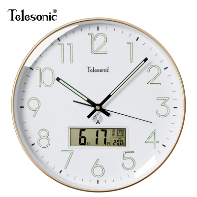  天王星( Telesonic)夜光电波钟居家客厅餐厅静音挂钟万年历日历时钟挂表免打孔简约挂墙表创意大气教室钟表 12英寸香槟金（直径30.5厘米）【自动对时+分秒不差】