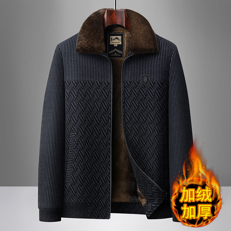 爸爸加绒厚款男士雪尼尔外套冬季保暖冬装夹克中老年爸爸毛领棉衣