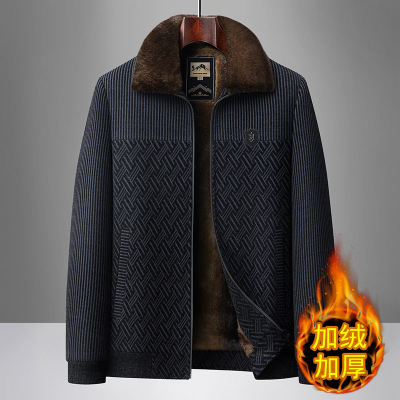 爸爸加绒厚款男士雪尼尔外套冬季保暖冬装夹克中老年爸爸毛领棉衣
