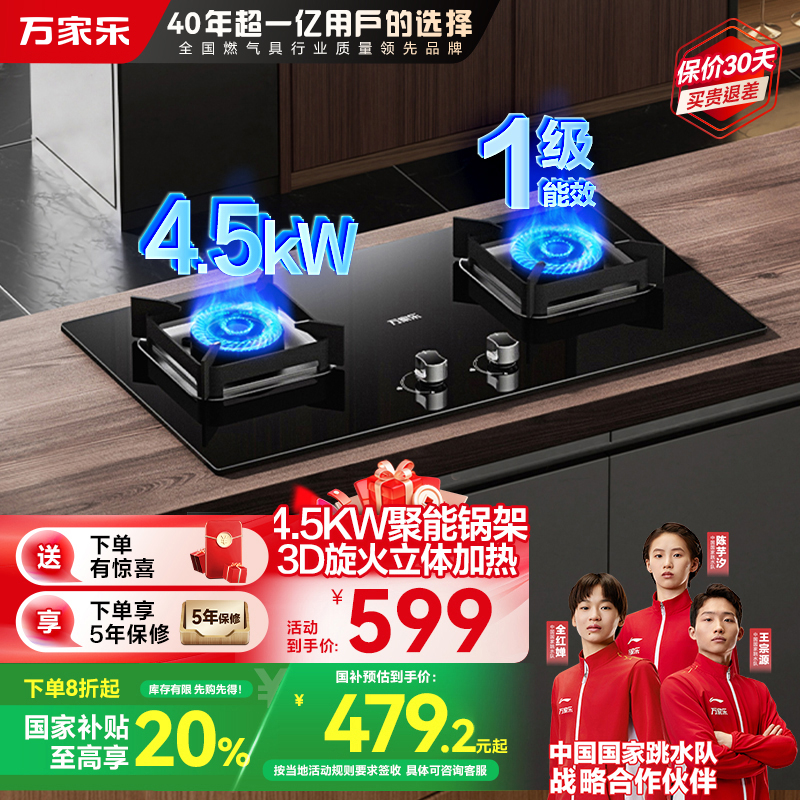 万家乐JZY-AY5猛火燃气灶具家用厨房台式嵌入式液化气煤气双灶4.5KW火力