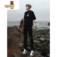 YANXU黑色破洞牛仔裤男夏季薄款直筒长裤美式高街vibe排扣拉链开叉裤子