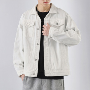 新款韩版白色牛仔夹克男士宽松潮流休闲工装外套