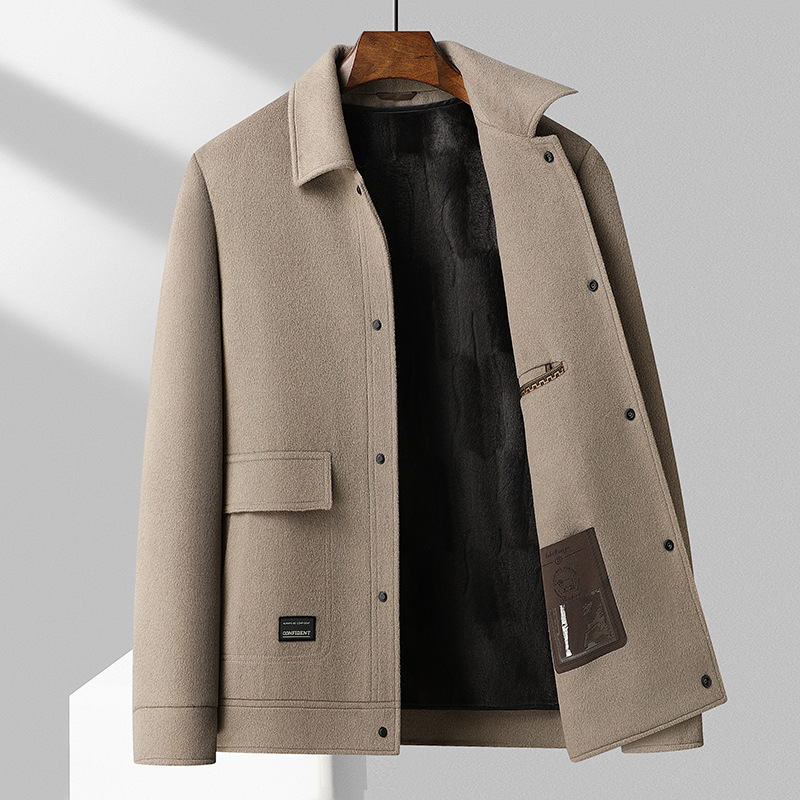 100%羊毛秋冬新款双面呢短款大衣金丝绒内胆尼大衣风衣男妮子外套_1