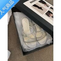 SUNTEK仙女风绝美一字带2023夏季新款时尚粗跟水钻蝴蝶结拖鞋女外穿凉鞋