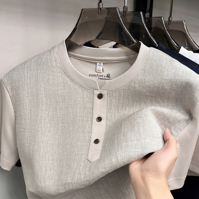 亚麻短袖男T恤2026夏季新款纯色圆领三粒扣透气薄款舒适男士T恤