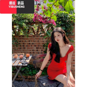 YIBUSHENG香榭格芙~纯欲风U领系带连衣裙女季红色法式收腰A字短裙 红色 均码