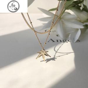 枫叶 双层链条项链女锁骨链韩国个性金属圆珠间隔毛衣链吊坠X376 JiMi 双层枫叶项链