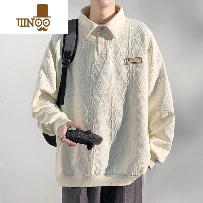 YANXU长袖Polo衫卫衣男士新款潮牌休闲宽松翻领情侣提花百搭上衣