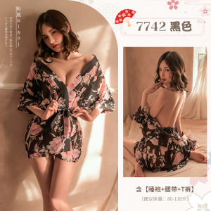 霏慕(Fee et moi)女式情趣睡衣7742 情趣内衣性感透视制服套装 性感内衣用品女雪纺透明清新雪纺印花睡袍浴袍
