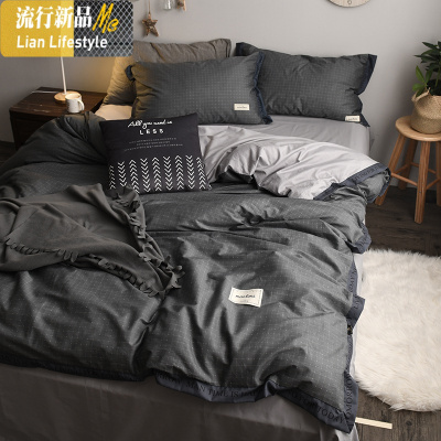 北欧简约黑色棉床单四件套棉学生宿舍单人被套罩1.5m1.8床品 三维工匠