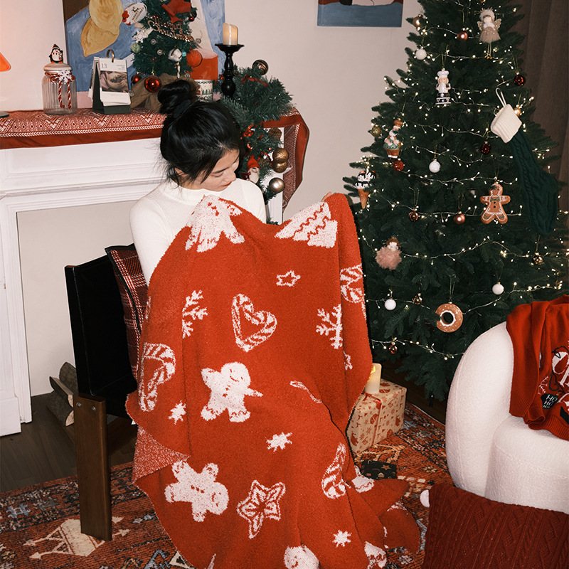 A类圣诞款半边绒沙发盖毯节日氛围针织毯秋冬毛绒午睡毛毯