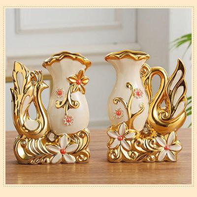 封后欧式陶瓷花瓶插花工艺品套装仿真花天鹅摆件电视柜客厅装饰品摆设大天鹅一对（金色）