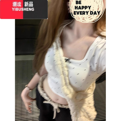YIBUSHENG美式辣妹复古波点方领短款短袖t恤女季修身小个子显瘦百搭上衣