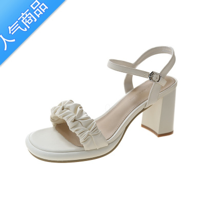 SUNTEK2023夏季新款网红法式高跟鞋粗跟外穿性感百搭防水台一字带凉鞋女