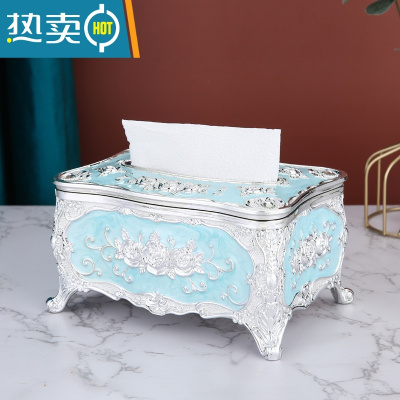 敬平欧式纸巾盒家用客厅茶几抽纸盒创意轻奢KTV纸抽盒餐厅美式ins摆件 银蓝(时尚款)