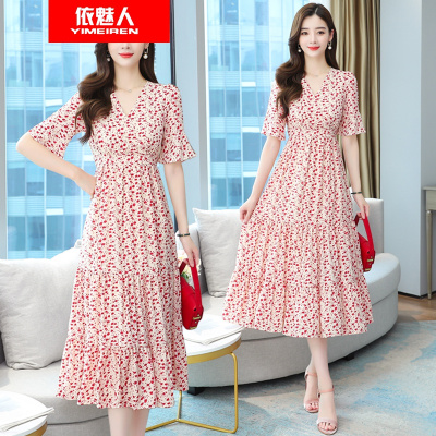 依魅人2021碎花雪纺连衣裙女夏新款v领轻熟风收腰显瘦气质印花长款裙子