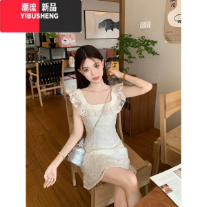 YIBUSHENG法式蕾丝刺绣荷叶边连衣裙女季新款洋气减龄显瘦气质方领长裙子