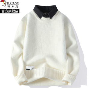 啄木鸟2024秋冬季新款衬衫领假两件毛衣男士加绒针织打底衫线衣服