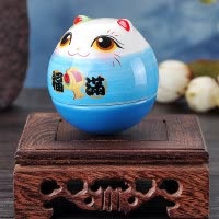 猫不倒翁陶瓷摆件家居办公摆饰生日七夕送女朋友 三维工匠 SC53194福來不倒翁