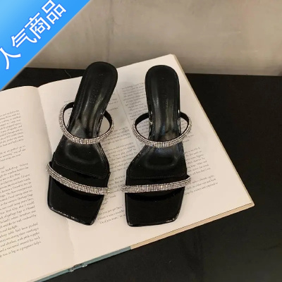 SUNTEK法式高级感水钻一字拖鞋仙女鞋子2023年新款夏季外穿凉拖高跟凉鞋