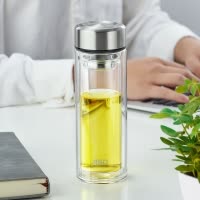 爱仕达(ASD)玻璃泡茶透明水杯家用办公圆柱分离双层高硅硼便携防烫耐热 RWB32B6J 320ml