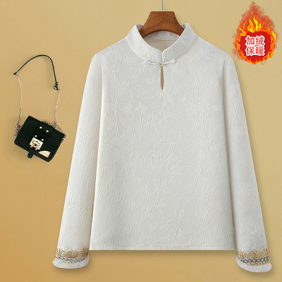 新中式打底衫女秋冬季加绒保暖T恤国风盘扣长袖立领提花刺绣上衣_904