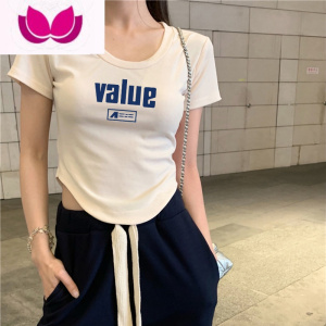 七斓u领短袖t恤女夏季2023新款修身不规则短款小衫美式甜辣妹上衣