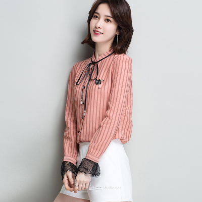 珍真羊 蕾丝拼接长袖女装春装新款韩版宽松雪纺衫时尚显瘦衬衫潮