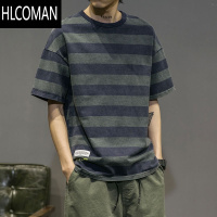 HLCOMAN夏季短袖T恤男复古条纹韩版宽松情侣学生潮流打底衫半袖