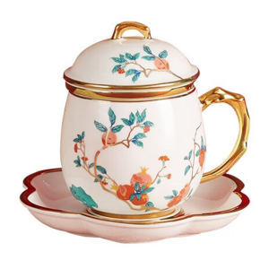 Gao Chun Ceramics 高淳陶瓷杯办公室泡茶陶瓷过滤带盖杯子珐琅描金骨瓷滤茶杯350ml