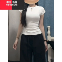 YIBUSHENG白色正肩短袖女季新款辣妹收腰修身上衣显瘦百搭纯色短款T恤潮
