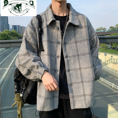 HLCOMAN日系春秋季新款毛呢格子风衣男韩版潮流ins外套港风百搭复古大衣夹克