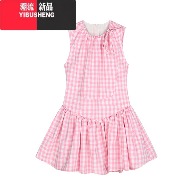 YIBUSHENG粉色甜美格子无袖背心连衣裙女季收腰a字裙小个子气质蓬蓬短裙