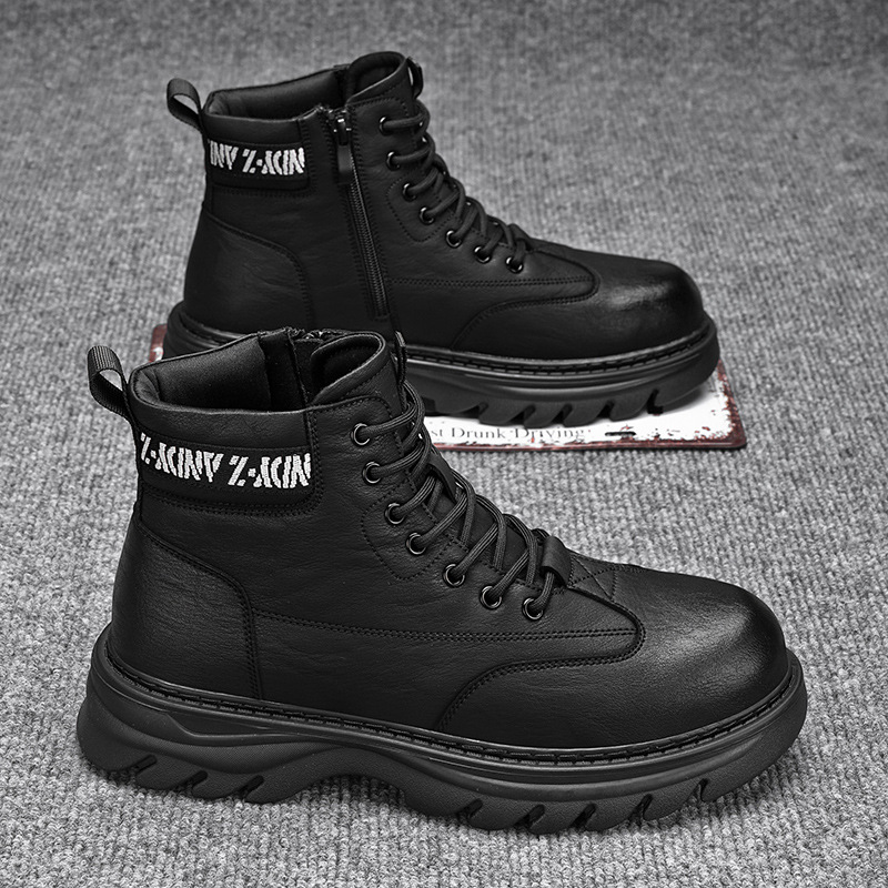 秋季新款黑色马丁靴男士厚底增高英伦风工装靴子高帮休闲男鞋