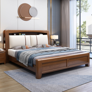 欧梵森 床 新中式床双人床实木床胡桃木1.8米床1.5m床现代简约卧室主卧大床轻奢气压储物高箱现代婚床实木家具床