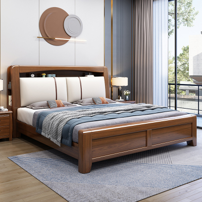 欧梵森 床 新中式床双人床实木床胡桃木1.8米床1.5m床现代简约卧室主卧大床轻奢气压储物高箱现代婚床实木家具床
