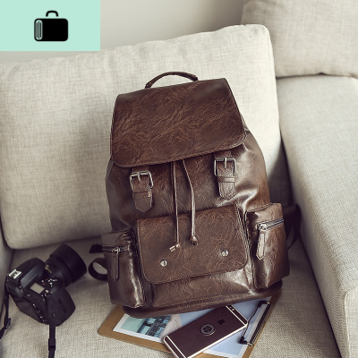 双肩包男韩版皮质时尚个性休闲潮流背包学生大书包男士旅行英伦包NEW LAKE 卡其色全PU皮